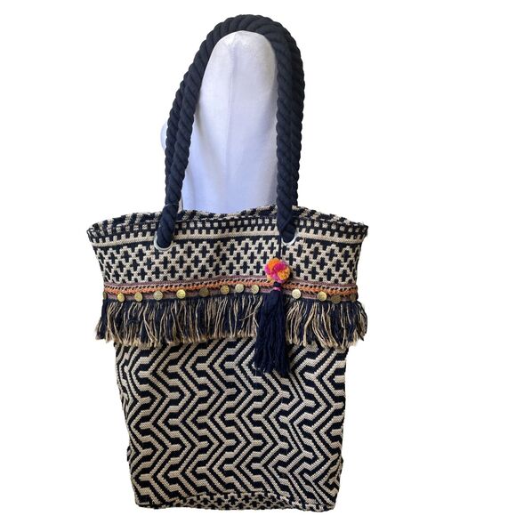 C&C California Beach Tote Shoulder Bag Woven Jute Tassel Navy Ivory Bohemian NWT - Picture 12 of 12